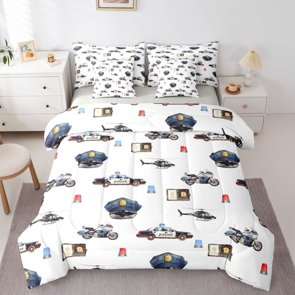 Manfei Police Car 7-Piece Twin Bedding,Boys Friendly Theme Bedding Comforter Set,White,Light Gray Reversible
