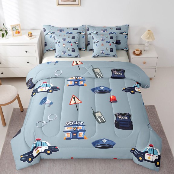 Manfei Police Car 7-Piece Twin Bedding,Cartoon Boys Art Bedding Comforter Set,Gray,Light Gray Reversible