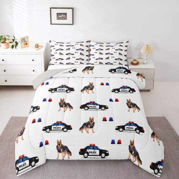Manfei Police Car Full Size Comforter Sets,Cute Dogs Print Bedding Comforter Set,White,Light Gray Reversible,3pcs,1 Comforter and 2 Pillowcases