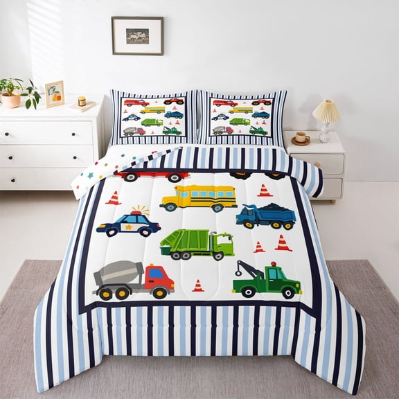 Manfei Police Car Queen Comforter Set,Striped Pattern Comforter Sets Queen,White,Polkadot Reversible,3-Piece,1 Comforter and 2 Pillowcases