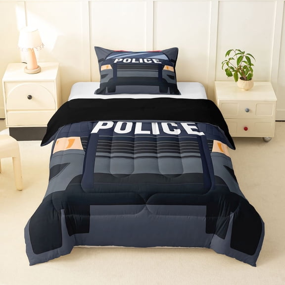Manfei Police Car Twin Comforter Sets,Boys Friendly Theme Bedding Set,Gray,Black Reversible,2-Piece,1 Comforter and 1 Pillowcase