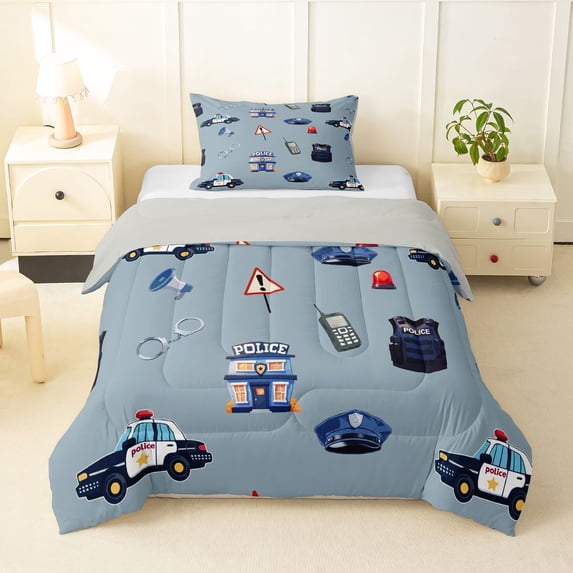 Manfei Police Car Twin Comforter Sets,Cartoon Boys Art Bedding Set,Gray,Light Gray Reversible,2pcs,1 Comforter and 1 Pillowcase