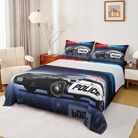 Manfei Police Car Twin Sheet Sets,Policeman Vehicle Twin Fitted Sheet,Cop Lights Flat Sheet For Boys Girls,Ultra Soft Home Decor,3-Piece