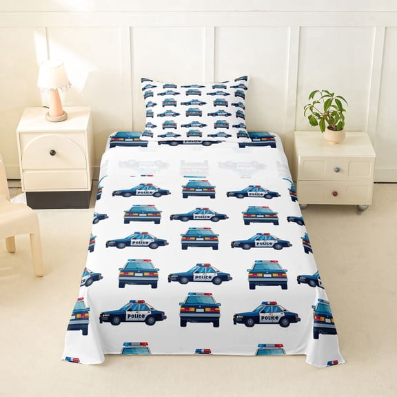 Manfei Police Car Twin Sheets,Cartoon Boys Art Bedding,White,3pcs,1 Fitted Sheet and 1 Pillowcase
