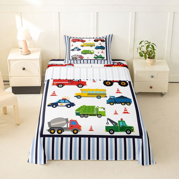 Manfei Police Car Twin Sheets,Striped Pattern Bedding,White,3 Pieces,1 Fitted Sheet and 1 Pillowcase