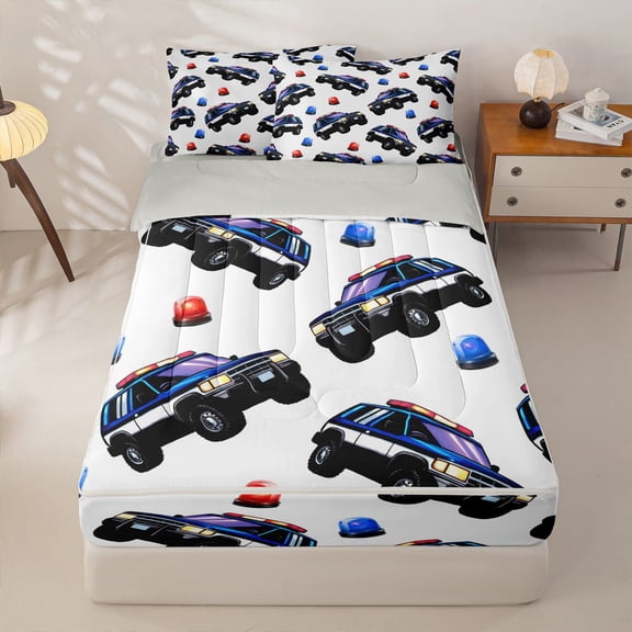 Manfei Police Car Zipper Twin Comforter Sets with Fitted Sheet and 2 Pillowcases,Boys Friendly Pattern Zipper Bedding Set,White,Light Gray Reversible,4pcs