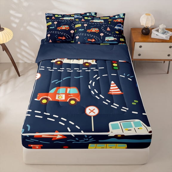 Manfei Police Car Zipper Twin Comforter Sets with Fitted Sheet and 2 Pillowcases,School Bus Print Zipper Bedding Set,Navy Blue,Navy Blue Reversible,4pcs