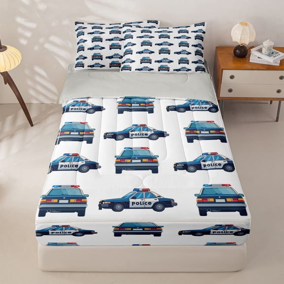 Manfei Police Car Zipper Twin Comforter Sets with Fitted Sheet and 2 Pillowcases,Cartoon Boys Art Zipper Bedding Set,White,Light Gray Reversible,4pcs