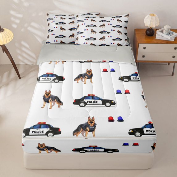 Manfei Police Car Zipper Twin Comforter Sets with Fitted Sheet and 2 Pillowcases,Cute Dogs Print Zipper Bedding Set,White,Light Gray Reversible,4pcs