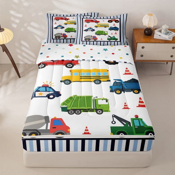 Manfei Police Car Zipper Twin Comforter Sets with Fitted Sheet and 2 Pillowcases,Striped Pattern Zipper Bedding Set,White,Polkadot Reversible,4pcs