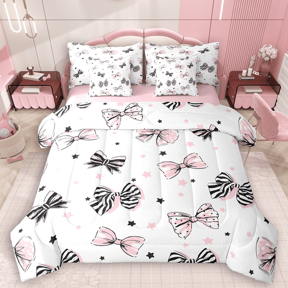Manfei Polka Dots Bow Bedding Comforter Set 7-Piece for Girls, Striped Bowknot Full Bedding Set, Black Pink Stars Fitted Sheet Flat Sheet, Microfiber Bedroom Decor