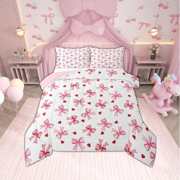 Manfei Polka Dots Bow Knot Bedding Comforter Set, Red Love Heart Print Twin Comforter Sets, White Pink Girl Bedding Set, Lightweight Bedroom Decor, Reversible 2pcs