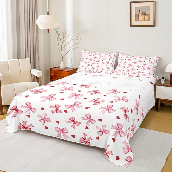 Manfei Polka Dots Bow Knot Queen Sheet Sets 4-Piece, Red Love Heart Print Flat Sheet, White Pink Girl Queen Fitted Sheet, Lightweight Bedroom Decor