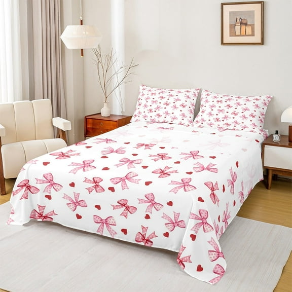 Manfei Polka Dots Bow Knot Twin Sheet Sets 3 Pieces, Red Love Heart Print Twin Fitted Sheet, White Pink Girl Flat Sheet, Lightweight Bedroom Decor