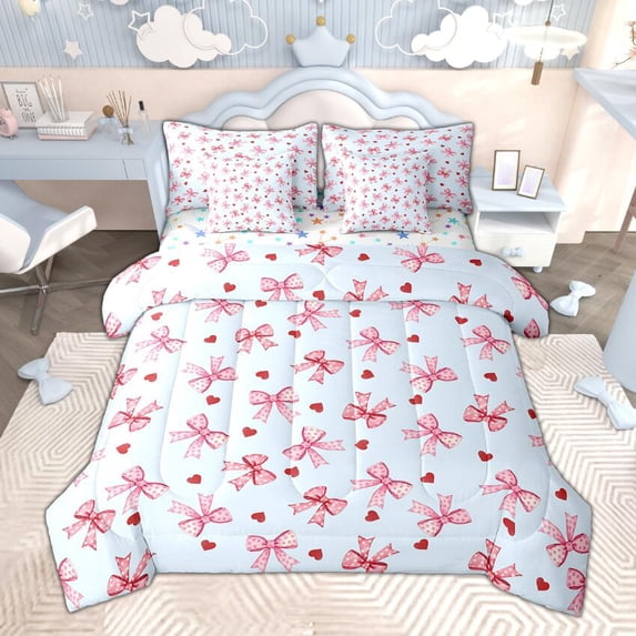Manfei Polka Dots Bowtie Bedding Comforter Set 7 Pieces, Red Blue Pink Full Bedding Set for Girls, Girly Bow Ribbon Fitted Sheet Flat Sheet, Super Cozy Bedroom Decor