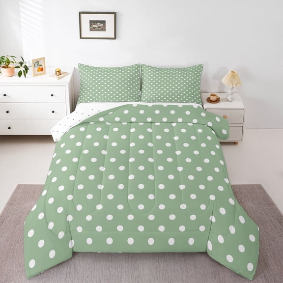 Manfei Polka Dots Boy Girl 3 Pieces Queen Comforter Set,Vintage Aesthetic Ultra Soft Bedding Sets,Green White Bedding Comforter Set Breathable,Microfiber Bedroom Decor,Reversible