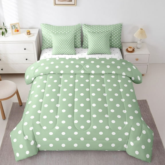 Manfei Polka Dots Boy Girl Bedding Comforter Set 7-Piece,Vintage Aesthetic King Bedding Sets,Green White Ultra Soft Bed Sheets,Microfiber Bedroom Decor,Reversible