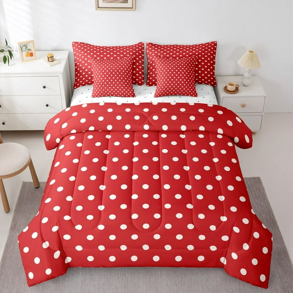 Manfei Polka Dots Boy Girl Twin Bedding Sets 7-Piece,Vintage Aesthetic Bedding Comforter Set Microfiber,Red White Breathable Sheet Sets,Microfiber Bedroom Decor,Reversible