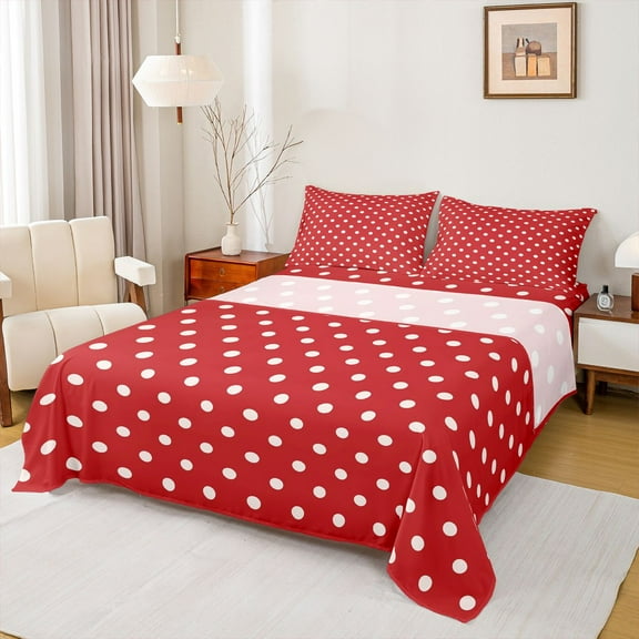 Manfei Polka Dots Boy Girl Twin Sheet Sets 3pcs,Vintage Aesthetic Twin Fitted Sheet Microfiber,Red White Breathable Flat Sheet,Microfiber Bedroom Decor