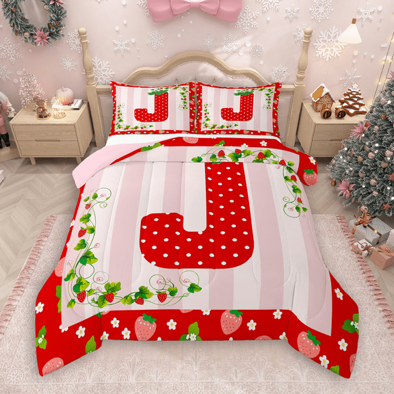 Manfei Polka Dots Letter J Bedding Comforter Set 2pcs for Girls, Kawaii Strawberry Twin Comforter Sets, Merry Christmas Bedding Set, Microfiber Bedroom Decor
