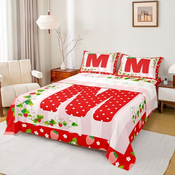 Manfei Polka Dots Letter M Full Size Sheets 4-Piece for Girls, Kawaii Strawberry Bed Sheets, Merry Christmas Sheet Sets, Lightweight Room Decor