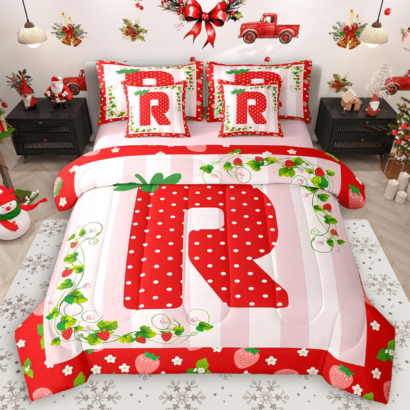 Manfei Polka Dots Letter R Bedding Comforter Set 7pcs for Girls, Kawaii Strawberry King Bedding Sets, Merry Christmas Bed Sheets, Luxury Bedroom Decor