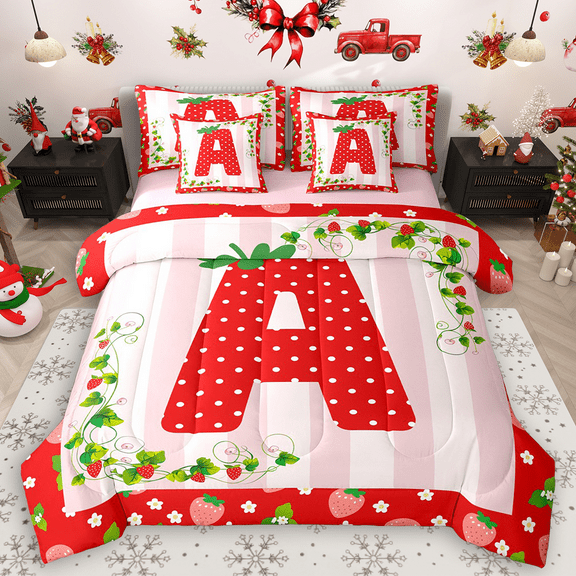 Manfei Polka Dots Initial A 7-Piece Twin Bedding Set - Kawaii Strawberry/Christmas