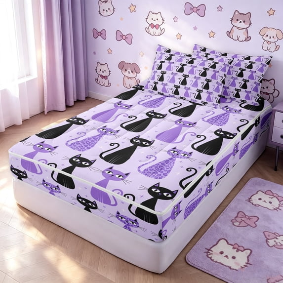 Manfei Polkadot Cat Zipper Twin Comforter Sets with Fitted Sheet and 2 Pillowcases, Mystic Kitten Animal Zipper Bedding Set, Lavender, Stars Reversible, 4-Piece