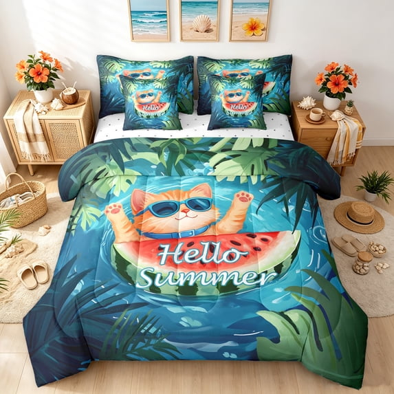 Manfei Pool Watermelon Cat Full Size Bedding Sets, Hello Summer Full Size Bed in a Bag, Turquoise, Reversible, 7pcs