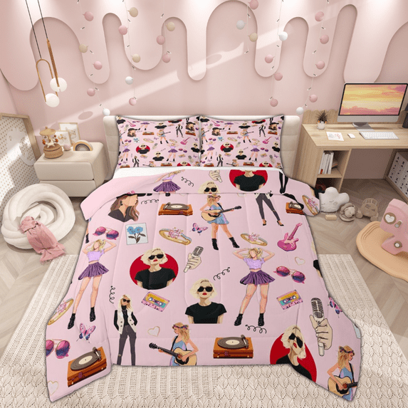 Manfei Pop Music Kids Queen Comforter Set, Cute Princess Bedding Comforter Set