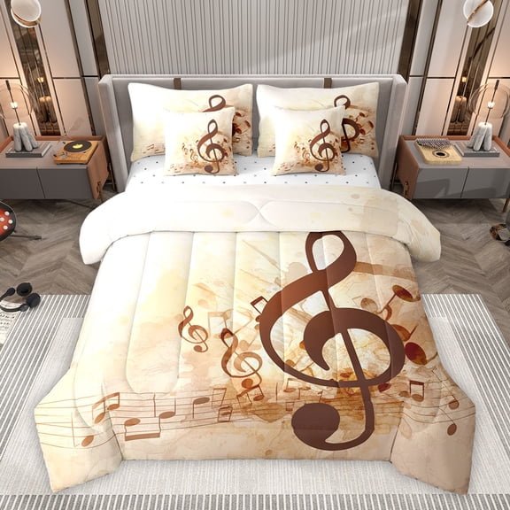 Homewish Pop Music Melody Bedding Comforter Set 7pcs, Chic Musical Note King Bedding Sets, Watercolor Artwork Reversible Bed Sheets, Super Cozy Room Decor