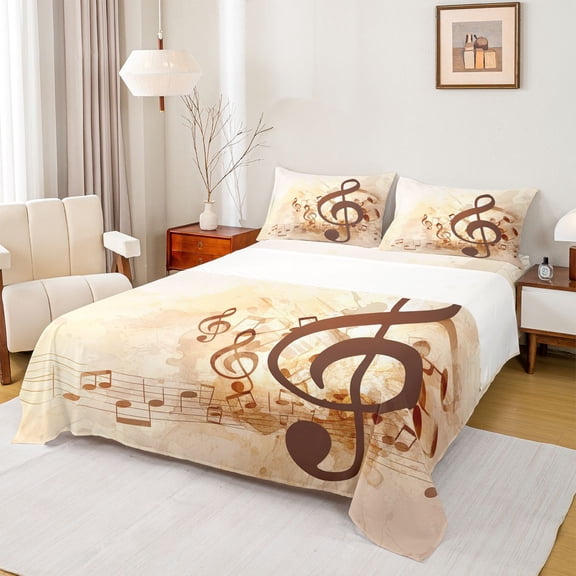 Homewish Pop Music Melody Twin Sheet Sets, Chic Musical Note Twin Fitted Sheet, Watercolor Artwork Flat Sheet, Super Cozy Room Decor, 3 Pieces