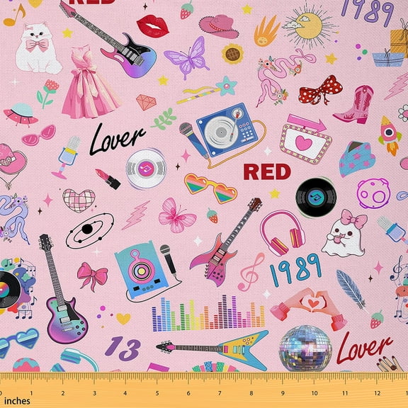 Manfei Pop Music Theme Sewing & Crafting Fabric (10 Yards), Girls Pink Guitar Home Decor Fabric by the Yard, Disco Ball Musical Notes DIY Fabric