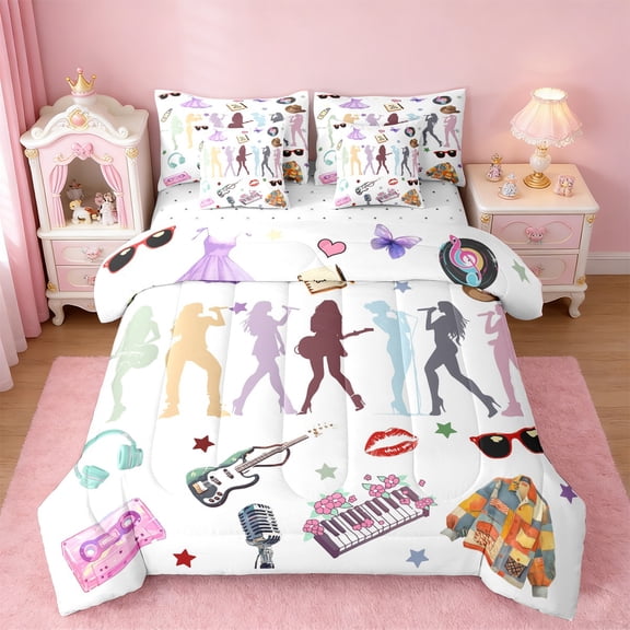 Manfei Pop Music Twin Bedding Sets 7-Piece,Music Lovers Bedding Comforter Set,Girls Electric Guitar Sheet Sets For Teens,Breathable Home Decor