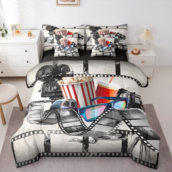 Manfei Popcorn Cinema 7 Pieces Bedding Comforter Set,Retro Cinema Filmstrip Full Bedding Set,Gray Red White Fitted Sheet Flat Sheet For Kids,Ultra Soft Home Decor Reversible