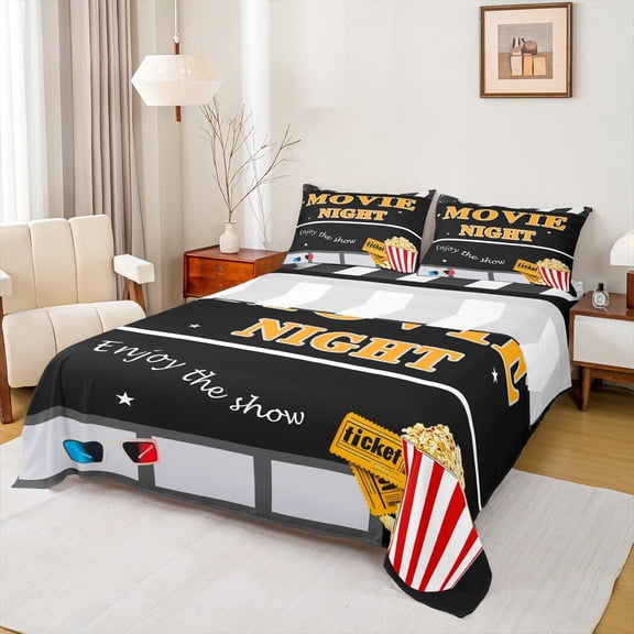 Manfei Popcorn Cinema Queen Sheet Sets,Moive Night Flat Sheet,Vintage Filmstrip Queen Fitted Sheet For Kids,Ultra Soft Home Decor,4 Pieces