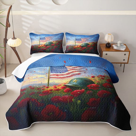 Manfei Poppy Floral Quilt King,Memorial Usa Flag King Coverlet Set,Red Gold,3 Pieces