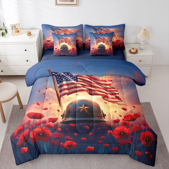 Manfei Poppy Flowers Usa Flag 7-Piece Twin Bedding,Memorial Patriotic Bedding Comforter Set,Gold Red,Navy Blue Reversible