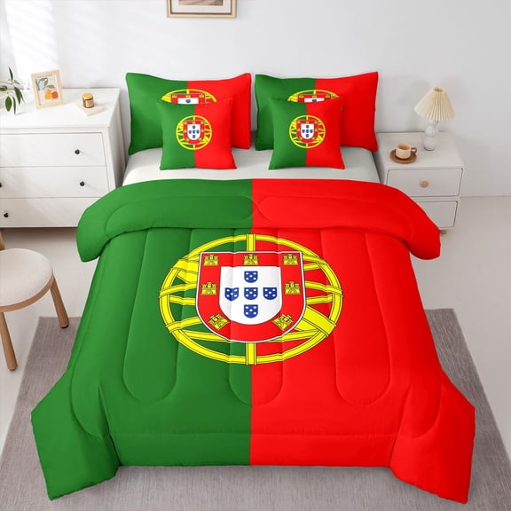 Manfei Portugal Flag 7 Pieces Full Size Bedding Sets,Green Red Yellow Full Size Bed in a Bag,Light Gray Reversible