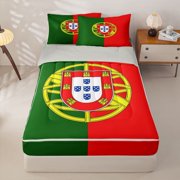 Manfei Portugal Flag Zipper Twin Comforter Sets with Fitted Sheet and 2 Pillowcases,Green Red Yellow Zipper Bedding Set,Light Gray Reversible,4pcs