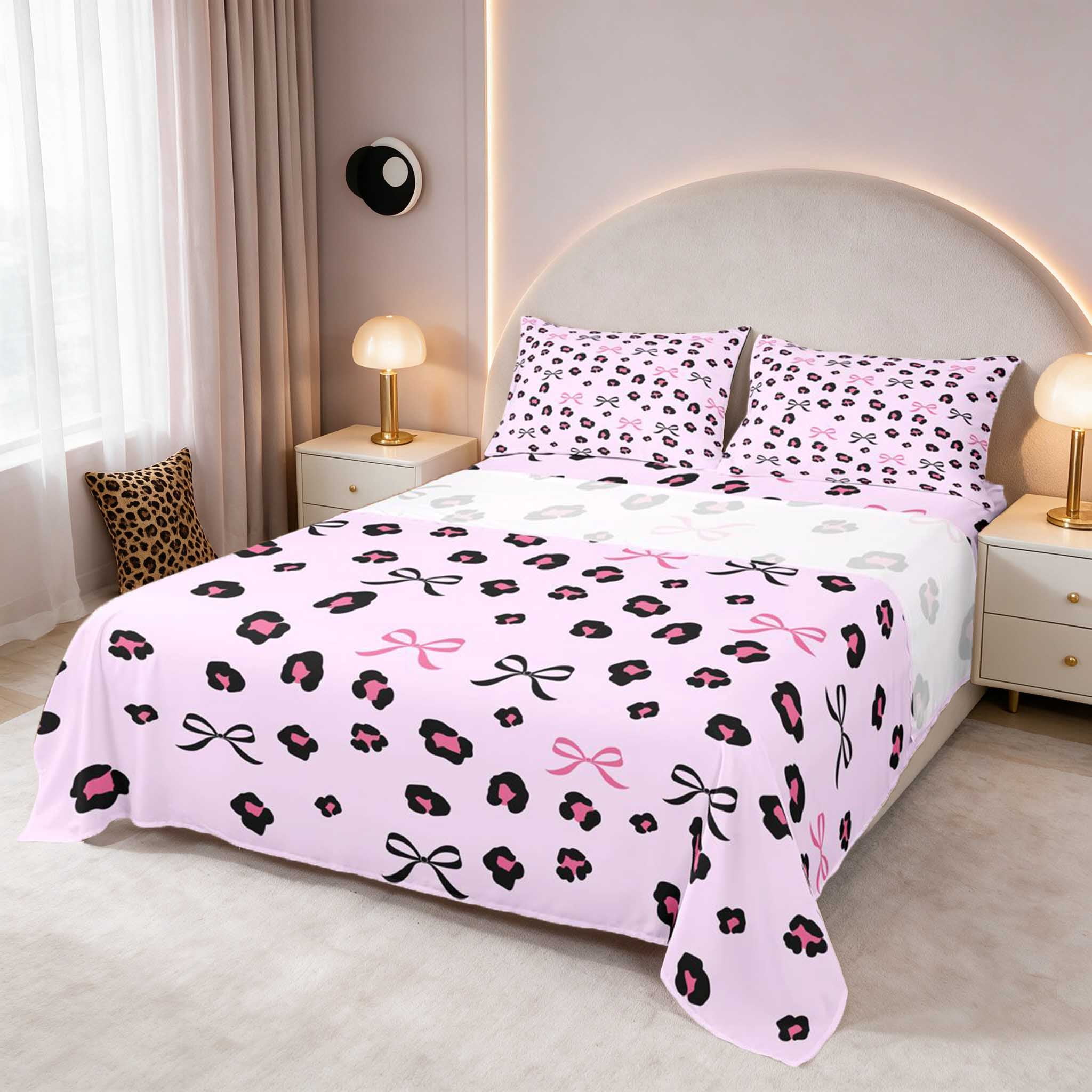 Manfei Posy Leopard Bows King Sheets, Pink Ribbon Dots Bedding 4pcs (1 ...