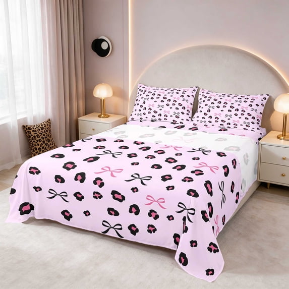 Baby Animal Ribon Manfei Posy Leopard Bows King Sheets, Pink Ribbon Dots Bedding 4pcs (1 ...