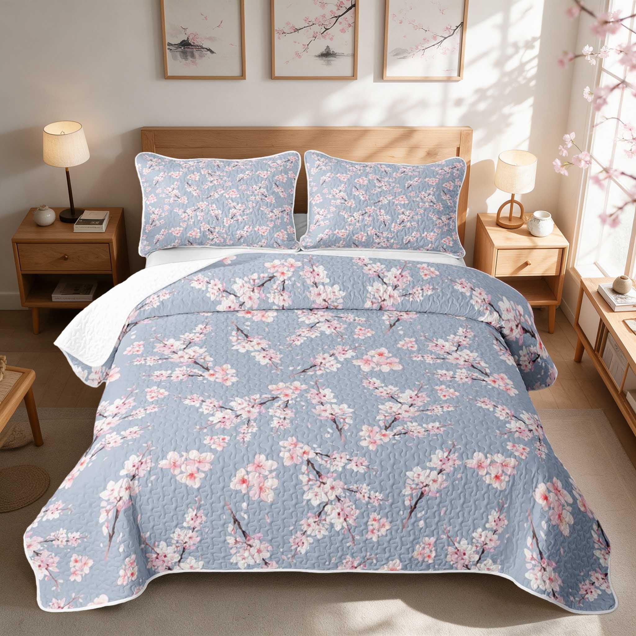 Manfei Powder Blue Cherry Bed Spread Queen, Seamless Blossom Queen ...