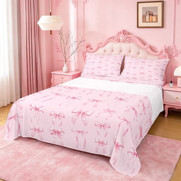 Manfei Preppy Pink Bow Queen Sheet Sets For Girls,Cartoon Ribbon Bowtie Bed Set For Kids,4-Piece