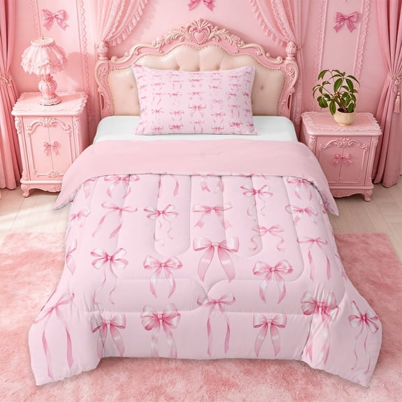 Manfei Preppy Pink Bow Twin Comforter Sets For Girls,Cartoon Ribbon Bowtie Bedding Set For Kids,Pink Reversible,2 Pieces
