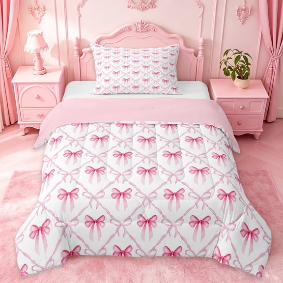 Manfei Preppy Pink Bowknot Twin Comforter Sets For Girls,Fashion Bow Tie Bedding Set For Kids,Pink Reversible,2pcs
