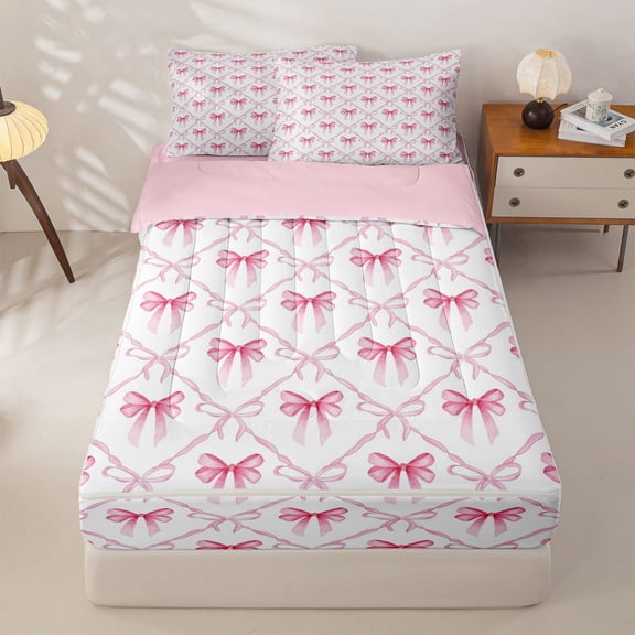 Manfei Preppy Pink Bowknot Zipper Twin Comforter Sets with Fitted Sheet and 2 Pillowcases For Girls,Fashion Bow Tie Zipper Bedding Set For Kids,Pink Reversible,4-Piece