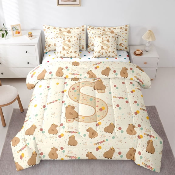 Manfei Pretty Balloon 7-Piece Twin Bedding,Kawaii Letter S Bedding Comforter Set,Yellow,Polkadot Reversible