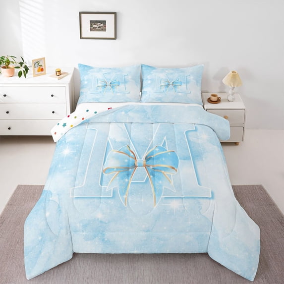 Manfei Pretty Bownot Full Size Comforter Sets,Cute Initial M Bedding Comforter Set,Blue,Polkadot Reversible,3 Pieces,1 Comforter and 2 Pillowcases