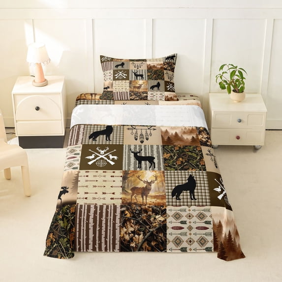 Manfei Pretty Floral Twin Sheets,Geometric Check Pine Bedding,Brown,3-Piece,1 Fitted Sheet and 1 Pillowcase